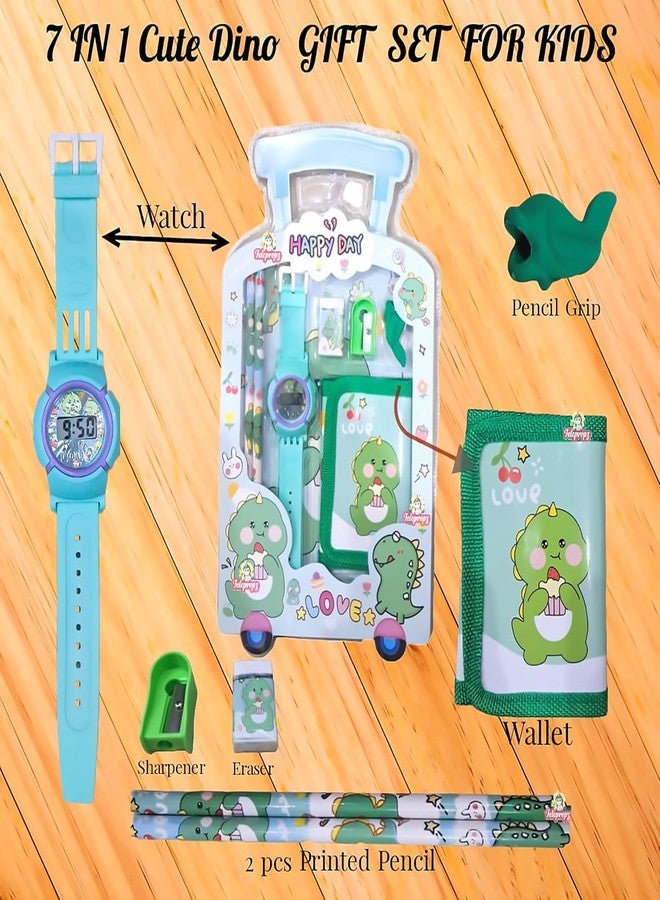 SAMVARDHAN 7 in 1 Stationery Gift Set for Children | Stationery Supplies Bundle with Digital Watch, Sharpener, Eraser, 2 Pencils, Wallet Pouch Return Gift for Kids (GIFTSET-9005-PACK1-SUMMER-GREEN) - Image 2